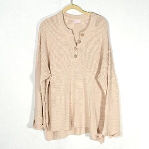 Cottagecore Henley Sweater Womens 2XL Beige Cream Waffle Knit Button Fisherman
